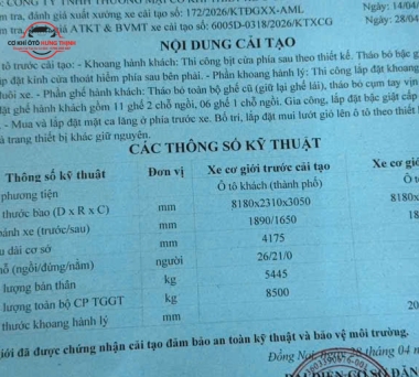 Nghiệm thu và đăng kiểm ra đăng kiểm xe khách 29 chỗ và giấy cải tạo