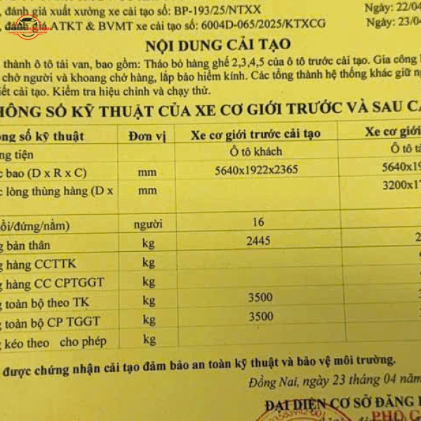 Thành tải van và nghiệm thu đăng kiểm ra giấy cải tạo